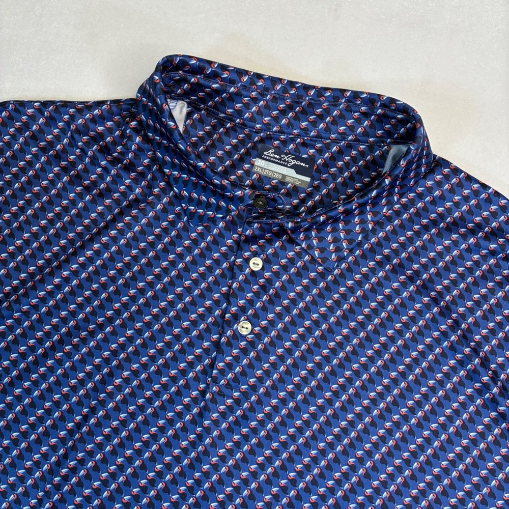 Ben Hogan Polo Shirt Mens 2XL Navy Blue Toucan Print‎ Performance Golf Stretch
